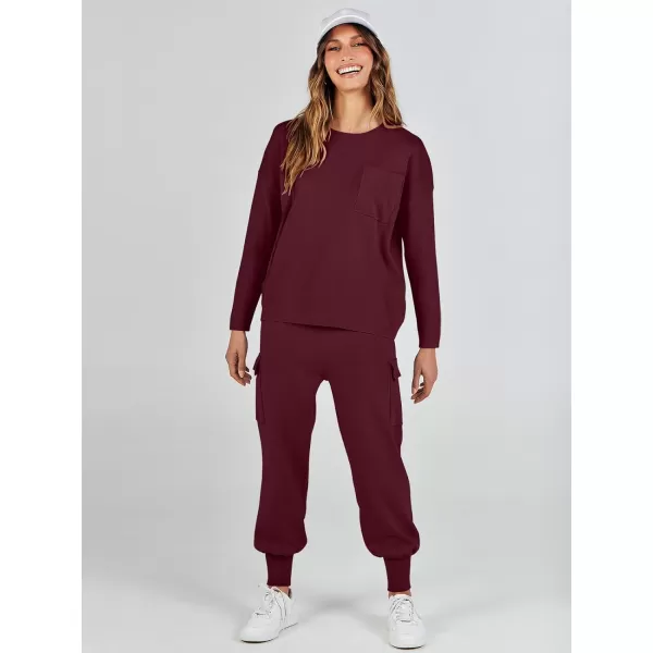 imageANRABESS Womens Two Piece Outfits Knit Sweater Sets Long Sleeve Pullover Tops Cargo Jogger Pants Lounge Matching SetsWine Red