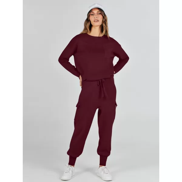 imageANRABESS Womens Two Piece Outfits Knit Sweater Sets Long Sleeve Pullover Tops Cargo Jogger Pants Lounge Matching SetsWine Red