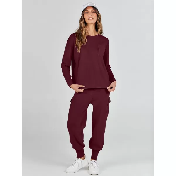 imageANRABESS Womens Two Piece Outfits Knit Sweater Sets Long Sleeve Pullover Tops Cargo Jogger Pants Lounge Matching SetsWine Red