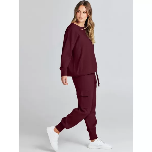 imageANRABESS Womens Two Piece Outfits Knit Sweater Sets Long Sleeve Pullover Tops Cargo Jogger Pants Lounge Matching SetsWine Red