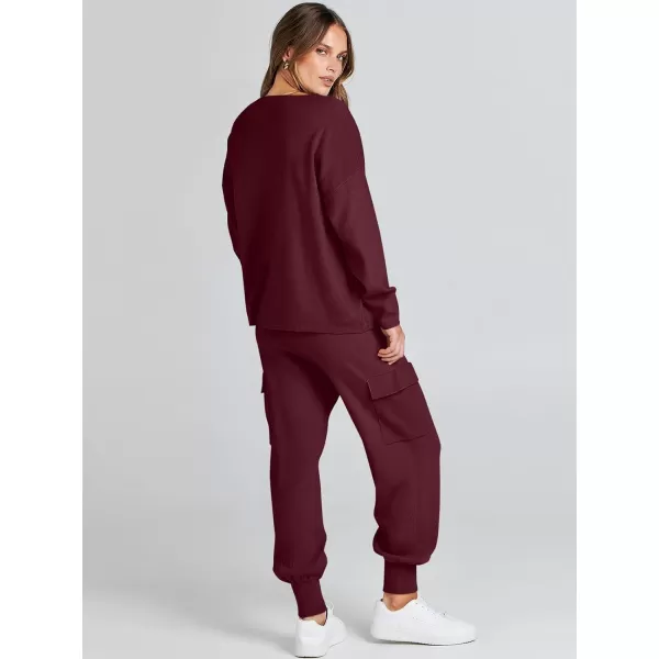 imageANRABESS Womens Two Piece Outfits Knit Sweater Sets Long Sleeve Pullover Tops Cargo Jogger Pants Lounge Matching SetsWine Red