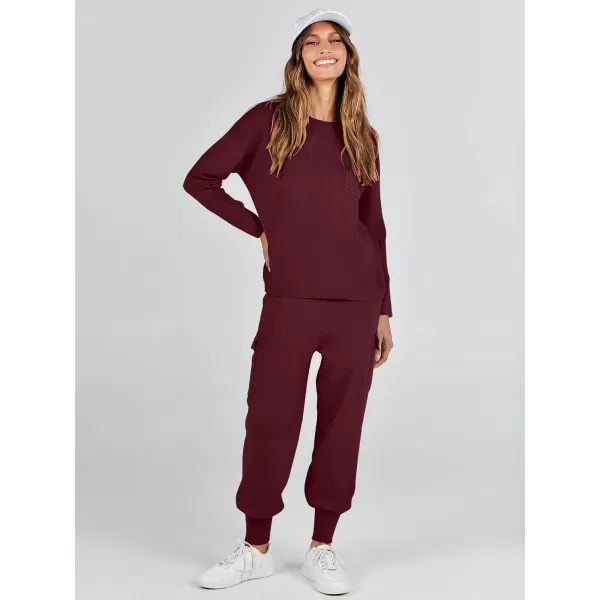 imageANRABESS Womens Two Piece Outfits Knit Sweater Sets Long Sleeve Pullover Tops Cargo Jogger Pants Lounge Matching SetsWine Red