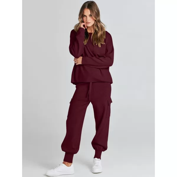 imageANRABESS Womens Two Piece Outfits Knit Sweater Sets Long Sleeve Pullover Tops Cargo Jogger Pants Lounge Matching SetsWine Red