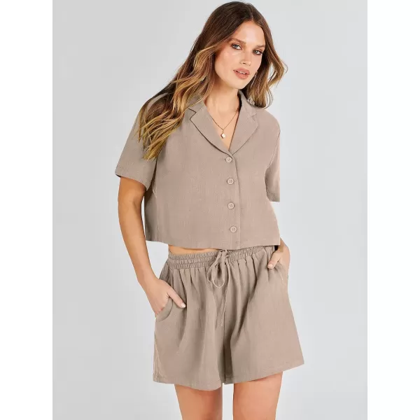 imageANRABESS Womens Two Piece Outfits Linen Sets Short Sleeve Button Crop Tops Casual Lounge Shorts Set with PocketsApricot