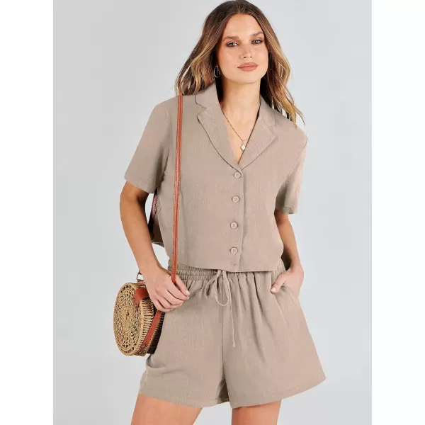 imageANRABESS Womens Two Piece Outfits Linen Sets Short Sleeve Button Crop Tops Casual Lounge Shorts Set with PocketsApricot