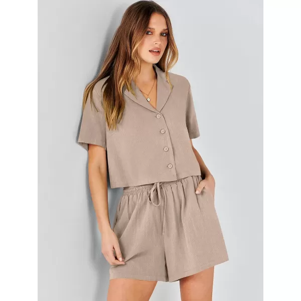 imageANRABESS Womens Two Piece Outfits Linen Sets Short Sleeve Button Crop Tops Casual Lounge Shorts Set with PocketsApricot
