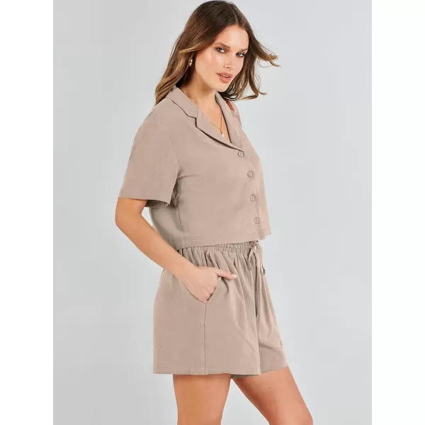 imageANRABESS Womens Two Piece Outfits Linen Sets Short Sleeve Button Crop Tops Casual Lounge Shorts Set with PocketsApricot