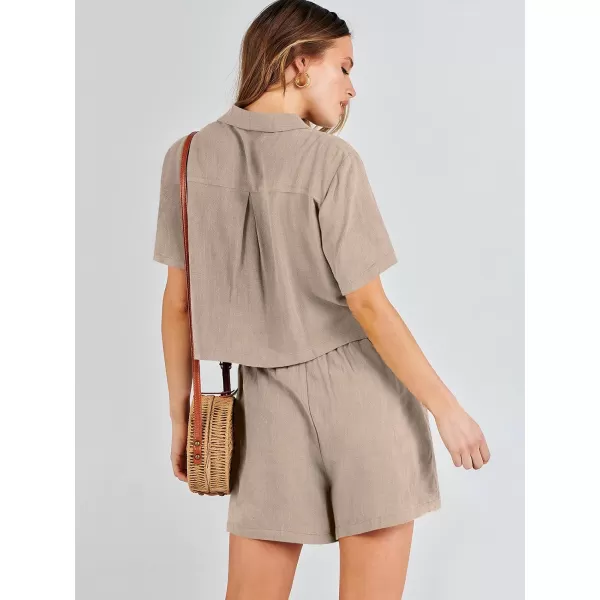 imageANRABESS Womens Two Piece Outfits Linen Sets Short Sleeve Button Crop Tops Casual Lounge Shorts Set with PocketsApricot