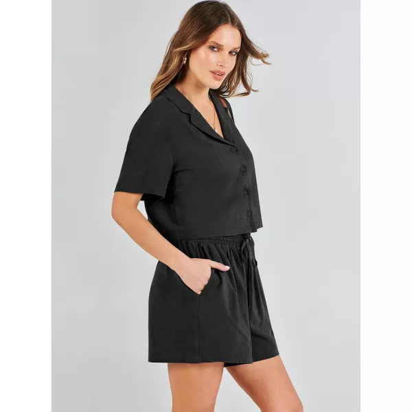 imageANRABESS Womens Two Piece Outfits Linen Sets Short Sleeve Button Crop Tops Casual Lounge Shorts Set with PocketsBlack