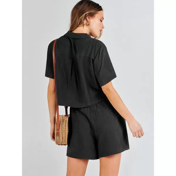 imageANRABESS Womens Two Piece Outfits Linen Sets Short Sleeve Button Crop Tops Casual Lounge Shorts Set with PocketsBlack