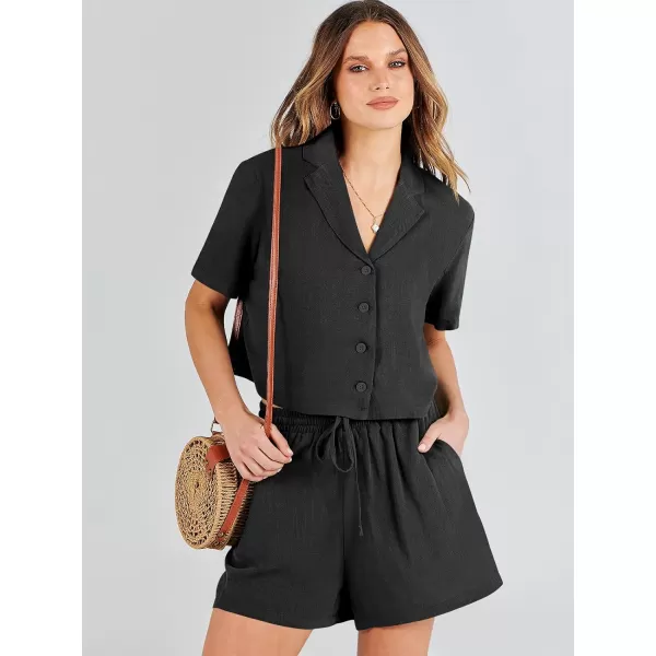 imageANRABESS Womens Two Piece Outfits Linen Sets Short Sleeve Button Crop Tops Casual Lounge Shorts Set with PocketsBlack
