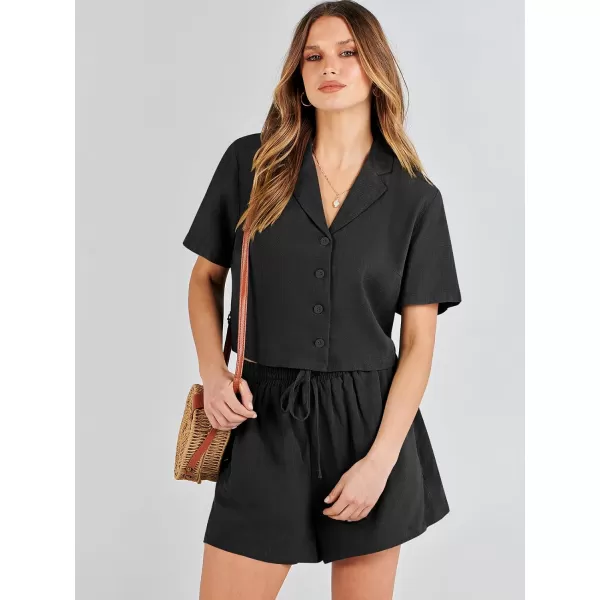 imageANRABESS Womens Two Piece Outfits Linen Sets Short Sleeve Button Crop Tops Casual Lounge Shorts Set with PocketsBlack