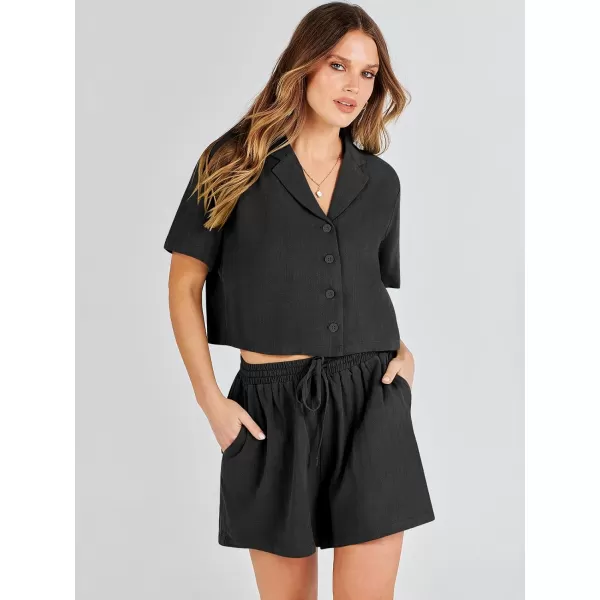 imageANRABESS Womens Two Piece Outfits Linen Sets Short Sleeve Button Crop Tops Casual Lounge Shorts Set with PocketsBlack
