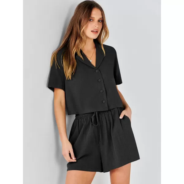 imageANRABESS Womens Two Piece Outfits Linen Sets Short Sleeve Button Crop Tops Casual Lounge Shorts Set with PocketsBlack