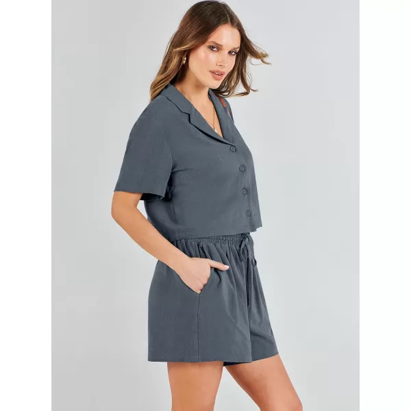 imageANRABESS Womens Two Piece Outfits Linen Sets Short Sleeve Button Crop Tops Casual Lounge Shorts Set with PocketsGrey