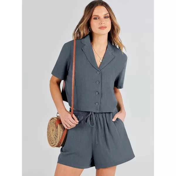 imageANRABESS Womens Two Piece Outfits Linen Sets Short Sleeve Button Crop Tops Casual Lounge Shorts Set with PocketsGrey