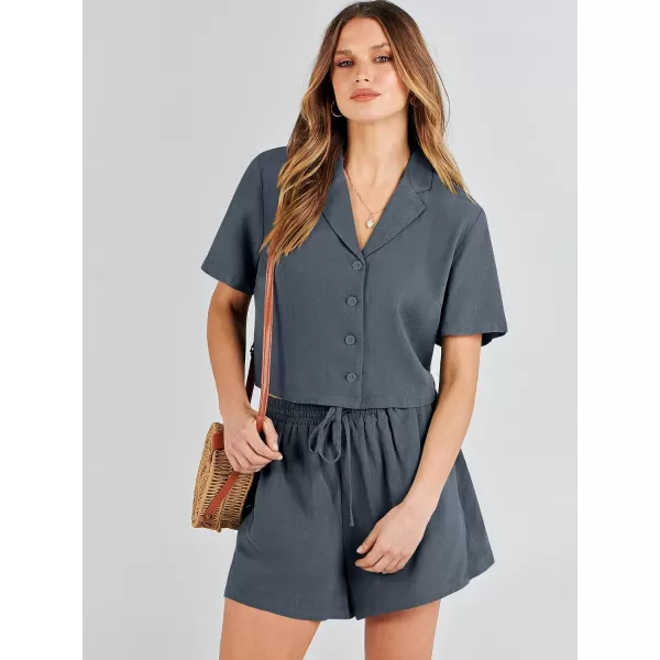 imageANRABESS Womens Two Piece Outfits Linen Sets Short Sleeve Button Crop Tops Casual Lounge Shorts Set with PocketsGrey