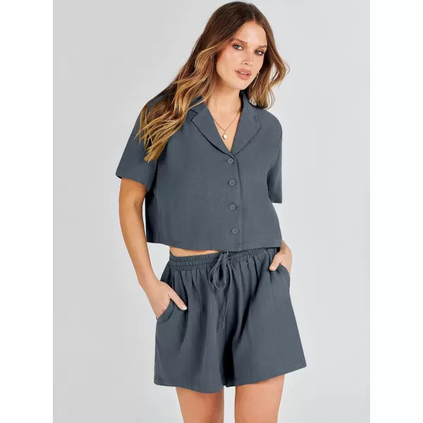 imageANRABESS Womens Two Piece Outfits Linen Sets Short Sleeve Button Crop Tops Casual Lounge Shorts Set with PocketsGrey