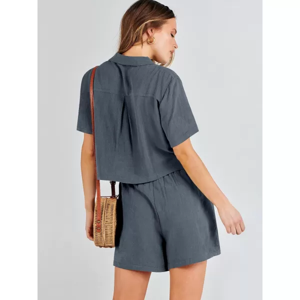 imageANRABESS Womens Two Piece Outfits Linen Sets Short Sleeve Button Crop Tops Casual Lounge Shorts Set with PocketsGrey
