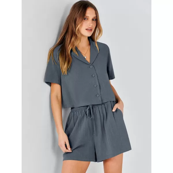 imageANRABESS Womens Two Piece Outfits Linen Sets Short Sleeve Button Crop Tops Casual Lounge Shorts Set with PocketsGrey