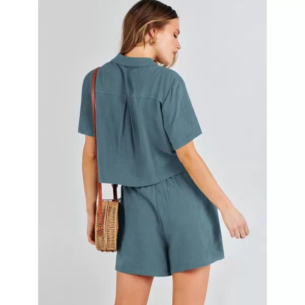 imageANRABESS Womens Two Piece Outfits Linen Sets Short Sleeve Button Crop Tops Casual Lounge Shorts Set with PocketsLake