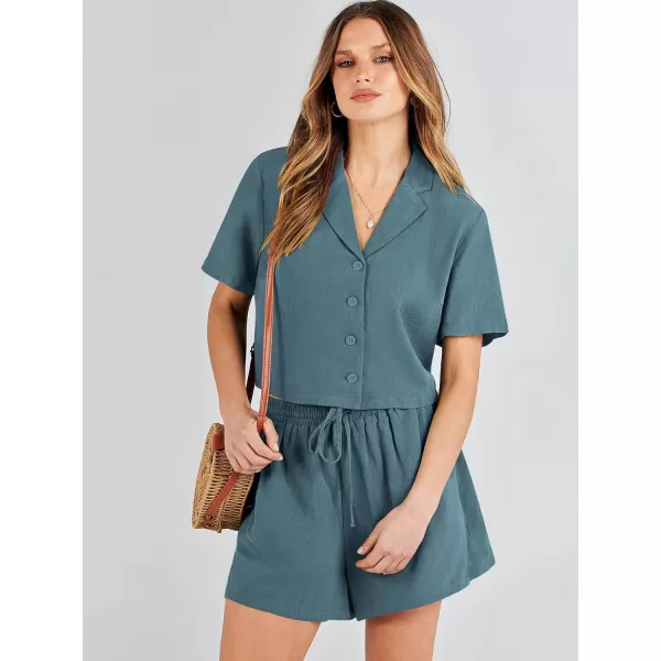 imageANRABESS Womens Two Piece Outfits Linen Sets Short Sleeve Button Crop Tops Casual Lounge Shorts Set with PocketsLake