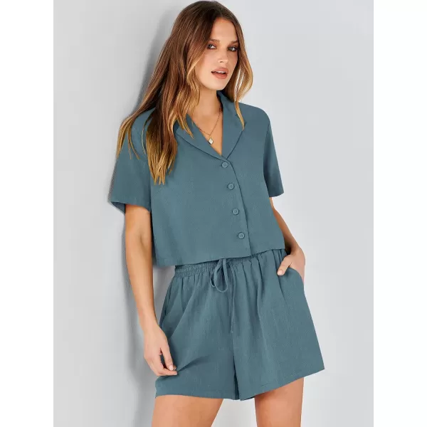imageANRABESS Womens Two Piece Outfits Linen Sets Short Sleeve Button Crop Tops Casual Lounge Shorts Set with PocketsLake
