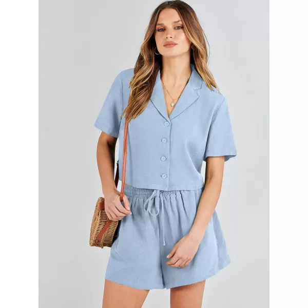 imageANRABESS Womens Two Piece Outfits Linen Sets Short Sleeve Button Crop Tops Casual Lounge Shorts Set with PocketsLight Blue
