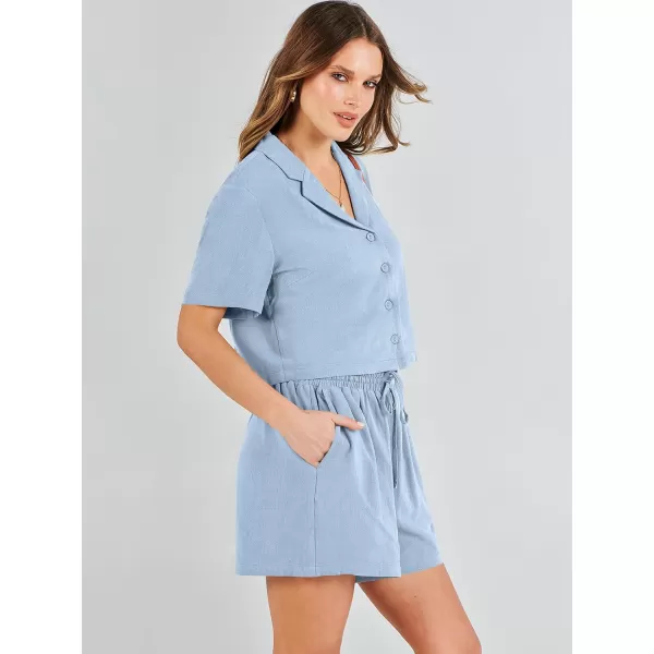 imageANRABESS Womens Two Piece Outfits Linen Sets Short Sleeve Button Crop Tops Casual Lounge Shorts Set with PocketsLight Blue