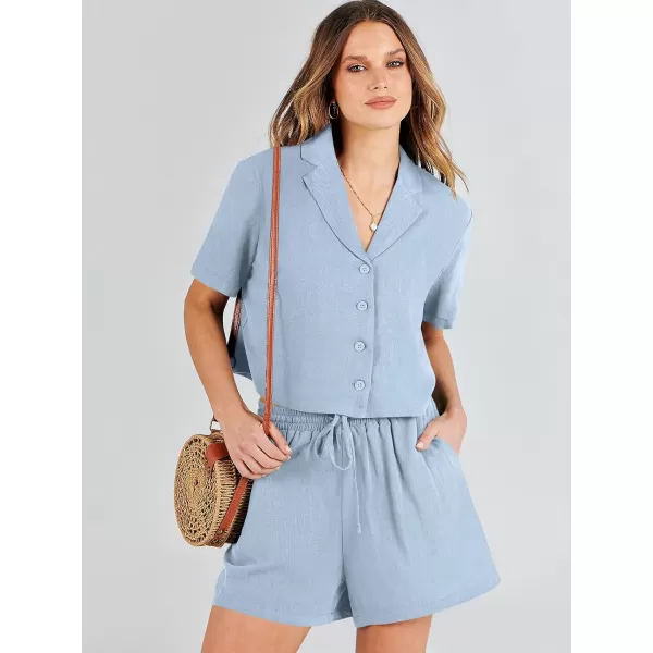 imageANRABESS Womens Two Piece Outfits Linen Sets Short Sleeve Button Crop Tops Casual Lounge Shorts Set with PocketsLight Blue