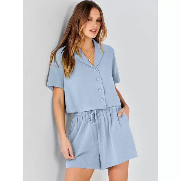 imageANRABESS Womens Two Piece Outfits Linen Sets Short Sleeve Button Crop Tops Casual Lounge Shorts Set with PocketsLight Blue