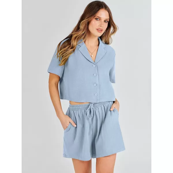 imageANRABESS Womens Two Piece Outfits Linen Sets Short Sleeve Button Crop Tops Casual Lounge Shorts Set with PocketsLight Blue