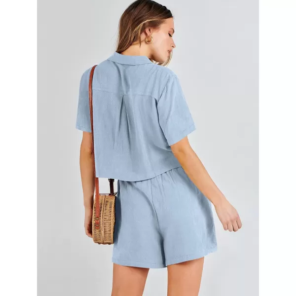 imageANRABESS Womens Two Piece Outfits Linen Sets Short Sleeve Button Crop Tops Casual Lounge Shorts Set with PocketsLight Blue