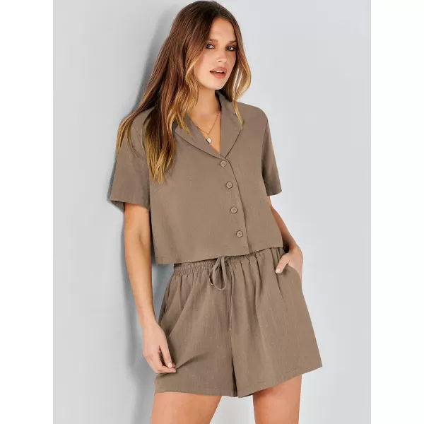 imageANRABESS Womens Two Piece Outfits Linen Sets Short Sleeve Button Crop Tops Casual Lounge Shorts Set with PocketsLight Brown