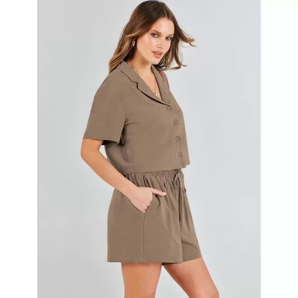 imageANRABESS Womens Two Piece Outfits Linen Sets Short Sleeve Button Crop Tops Casual Lounge Shorts Set with PocketsLight Brown
