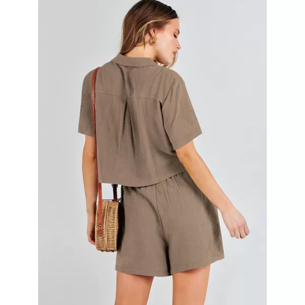 imageANRABESS Womens Two Piece Outfits Linen Sets Short Sleeve Button Crop Tops Casual Lounge Shorts Set with PocketsLight Brown