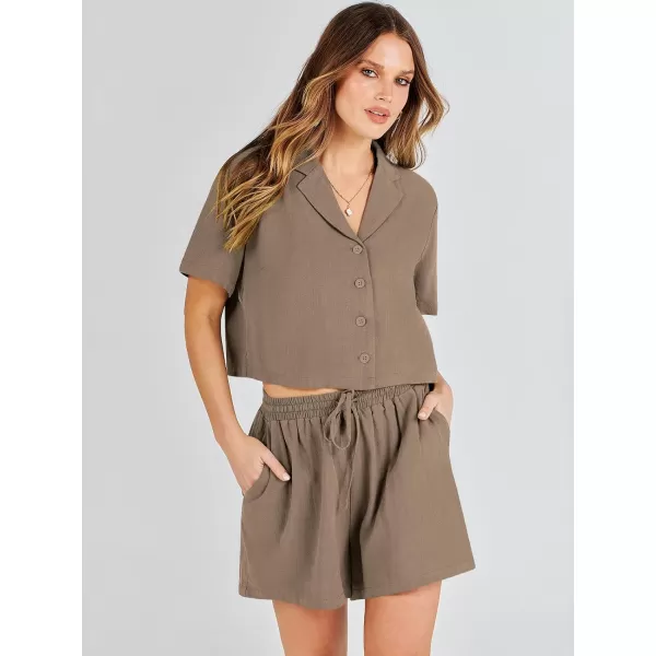 imageANRABESS Womens Two Piece Outfits Linen Sets Short Sleeve Button Crop Tops Casual Lounge Shorts Set with PocketsLight Brown