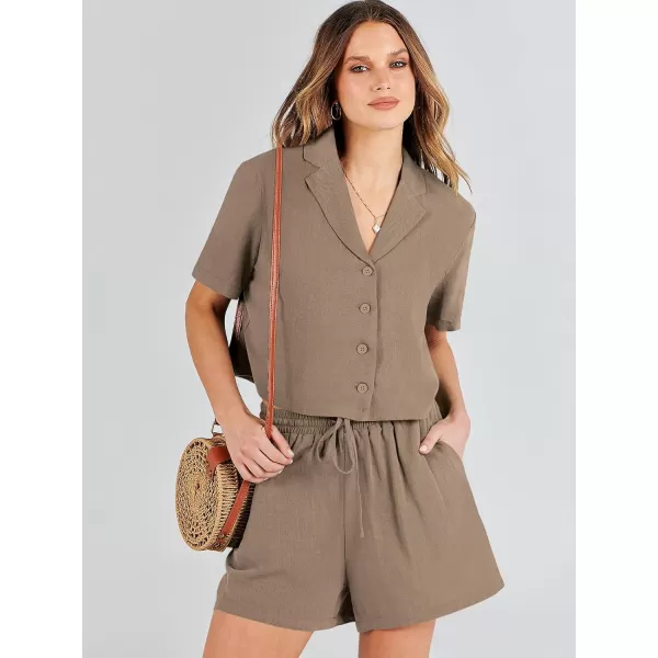 imageANRABESS Womens Two Piece Outfits Linen Sets Short Sleeve Button Crop Tops Casual Lounge Shorts Set with PocketsLight Brown