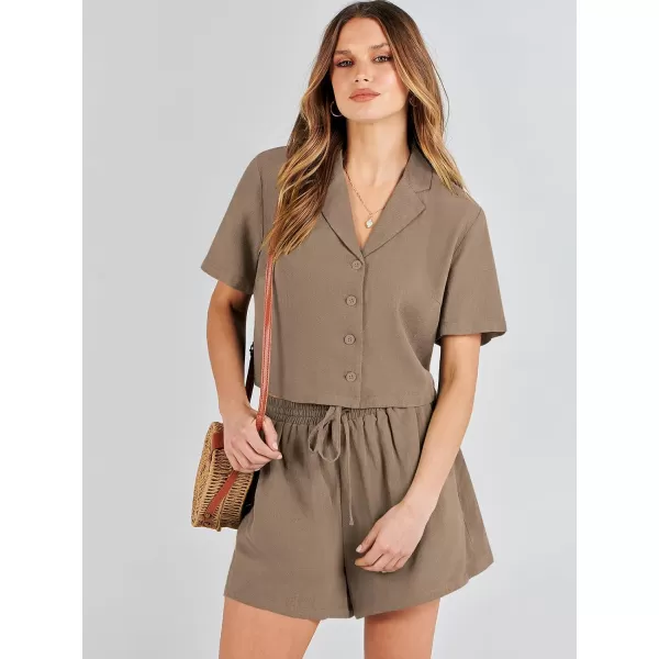 imageANRABESS Womens Two Piece Outfits Linen Sets Short Sleeve Button Crop Tops Casual Lounge Shorts Set with PocketsLight Brown