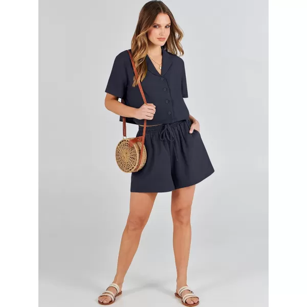 imageANRABESS Womens Two Piece Outfits Linen Sets Short Sleeve Button Crop Tops Casual Lounge Shorts Set with PocketsNavy Blue