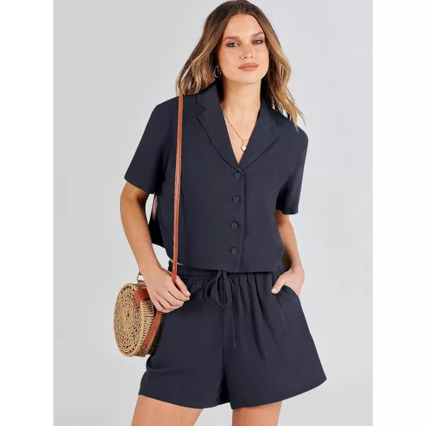 imageANRABESS Womens Two Piece Outfits Linen Sets Short Sleeve Button Crop Tops Casual Lounge Shorts Set with PocketsNavy Blue