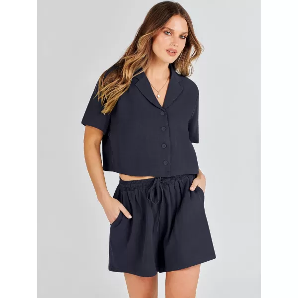 imageANRABESS Womens Two Piece Outfits Linen Sets Short Sleeve Button Crop Tops Casual Lounge Shorts Set with PocketsNavy Blue