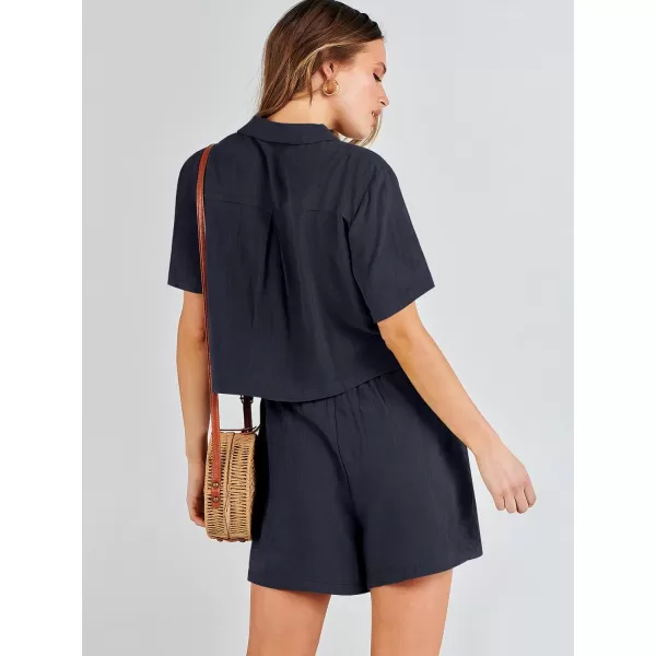 imageANRABESS Womens Two Piece Outfits Linen Sets Short Sleeve Button Crop Tops Casual Lounge Shorts Set with PocketsNavy Blue