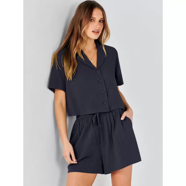 imageANRABESS Womens Two Piece Outfits Linen Sets Short Sleeve Button Crop Tops Casual Lounge Shorts Set with PocketsNavy Blue