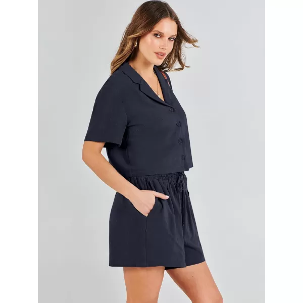 imageANRABESS Womens Two Piece Outfits Linen Sets Short Sleeve Button Crop Tops Casual Lounge Shorts Set with PocketsNavy Blue