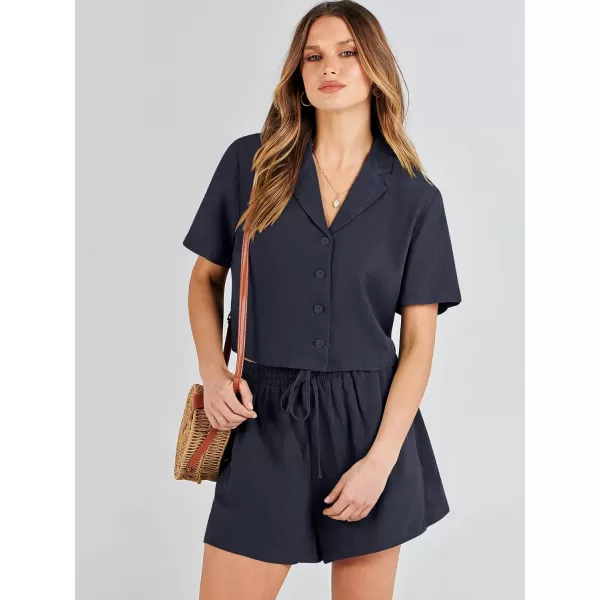 imageANRABESS Womens Two Piece Outfits Linen Sets Short Sleeve Button Crop Tops Casual Lounge Shorts Set with PocketsNavy Blue