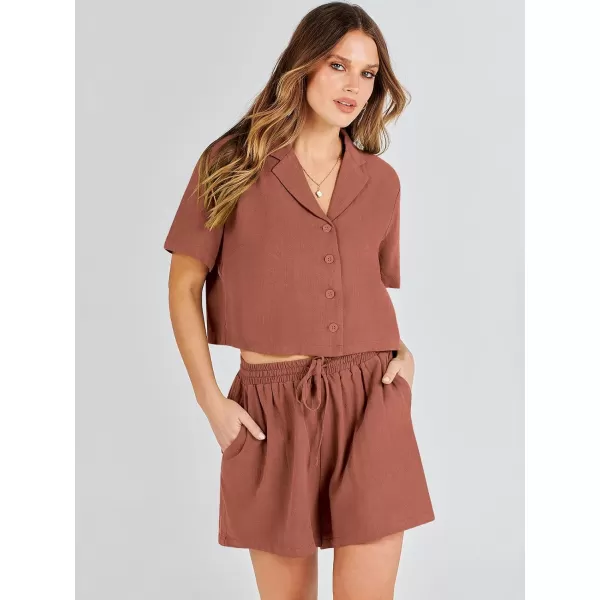 imageANRABESS Womens Two Piece Outfits Linen Sets Short Sleeve Button Crop Tops Casual Lounge Shorts Set with PocketsRust