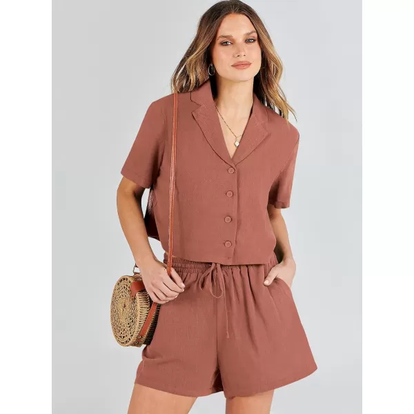 imageANRABESS Womens Two Piece Outfits Linen Sets Short Sleeve Button Crop Tops Casual Lounge Shorts Set with PocketsRust