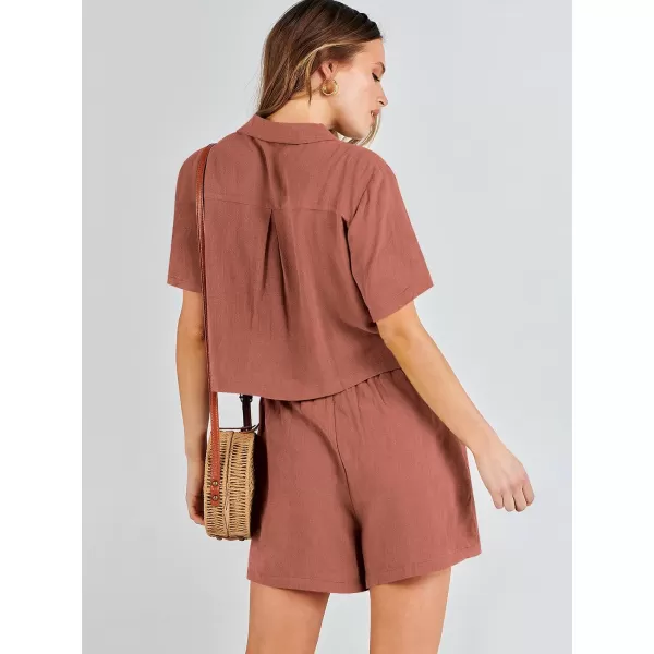 imageANRABESS Womens Two Piece Outfits Linen Sets Short Sleeve Button Crop Tops Casual Lounge Shorts Set with PocketsRust