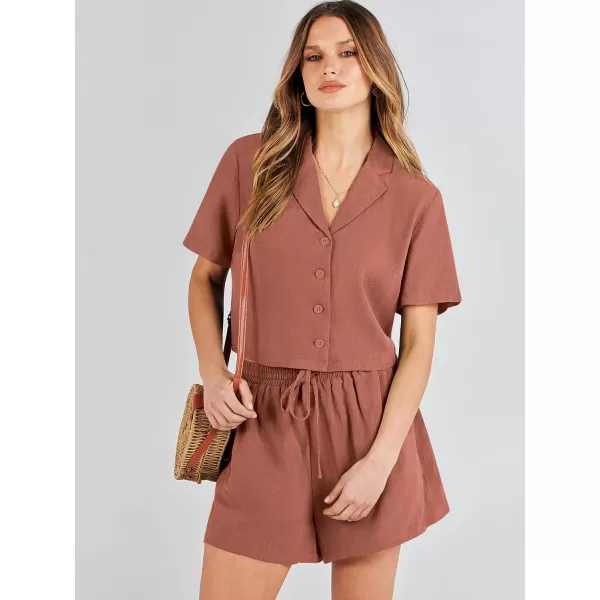 imageANRABESS Womens Two Piece Outfits Linen Sets Short Sleeve Button Crop Tops Casual Lounge Shorts Set with PocketsRust